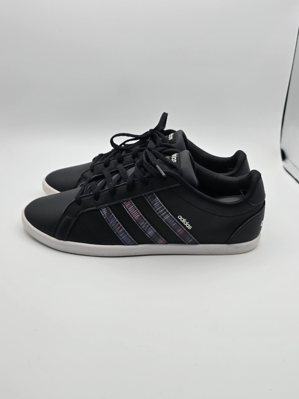 adidas Women's Black Sneakers Sz 9.5 with Subtle Multicolor Stripe Accents Ortho